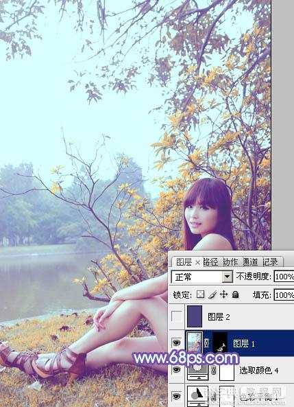 Photoshop为坐在河边的美女加上小清新的秋季橙黄色32