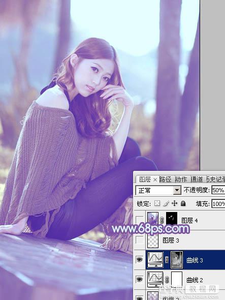 Photoshop将树林中的美女图片增加柔和的冷色(蓝紫色)25