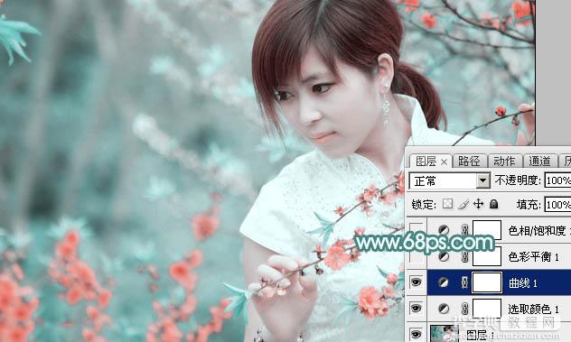 Photoshop将桃花林中的美女加上清爽的古典淡青色11