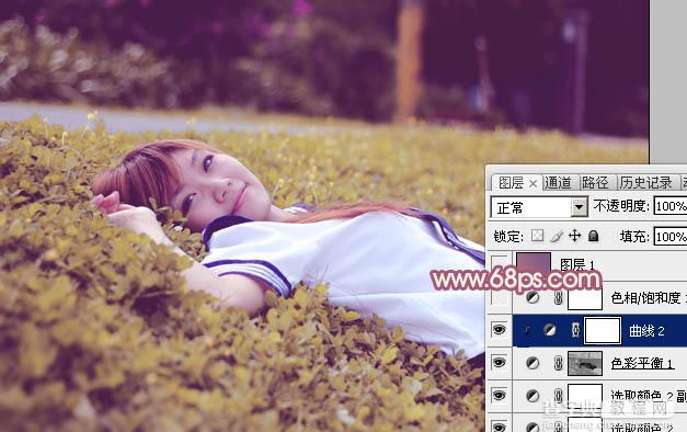 Photoshop将躺草地上的美女打造出柔和的秋季红褐色18