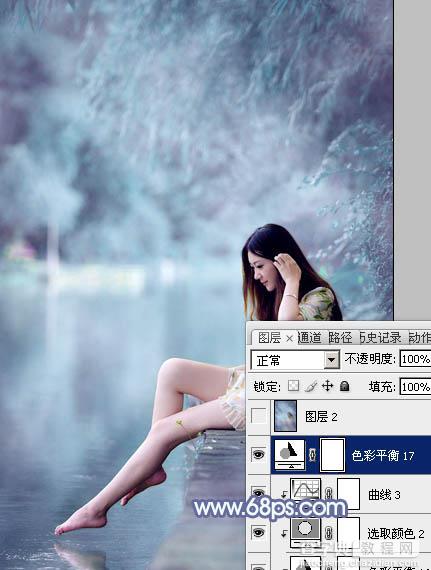 Photoshop为溪边美女图片打造梦幻的淡蓝色31