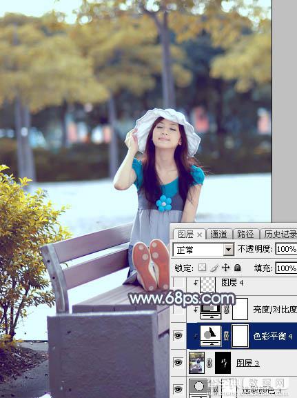 Photoshop给公园长凳上的美女调制出秋季蓝黄色33