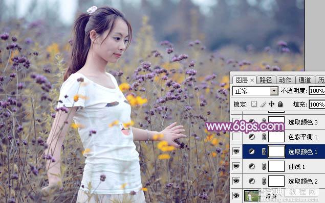Photoshop为站在野花从中的美女调制出柔美的淡紫色14