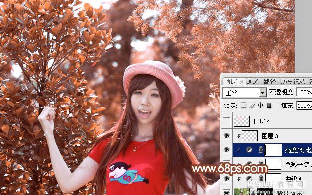 Photoshop打造唯美的橙红色树林人物图片42