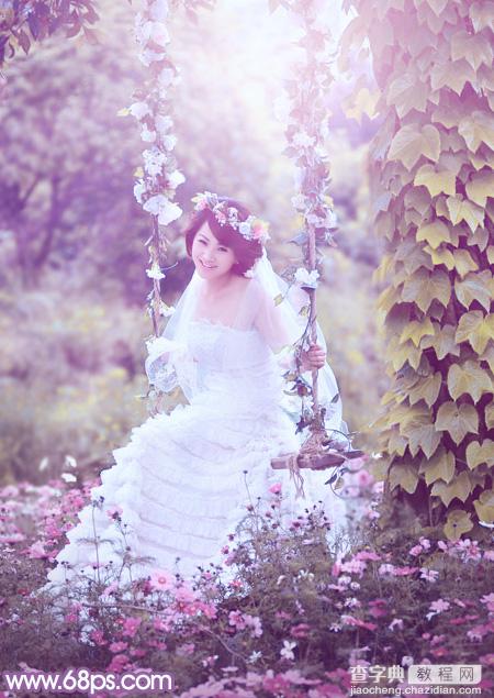 Photoshop将荡秋千的新娘图片增加唯美的淡调蓝黄色2