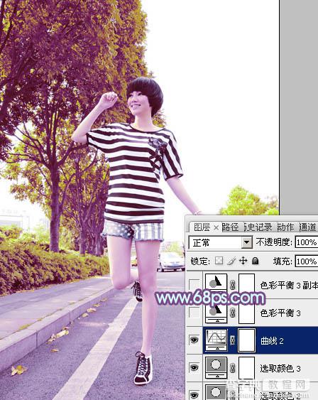 Photoshop将公路上的美女调制出清爽的紫绿色效果26