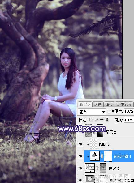 Photoshop调制出甜美清新的淡蓝色树林人物图片18