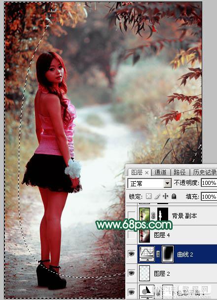 Photoshop调出暗调秋季青红色树林人物图片34