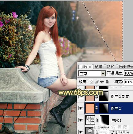 Photoshop为路边的美女加上暗调青黄色霞光色32