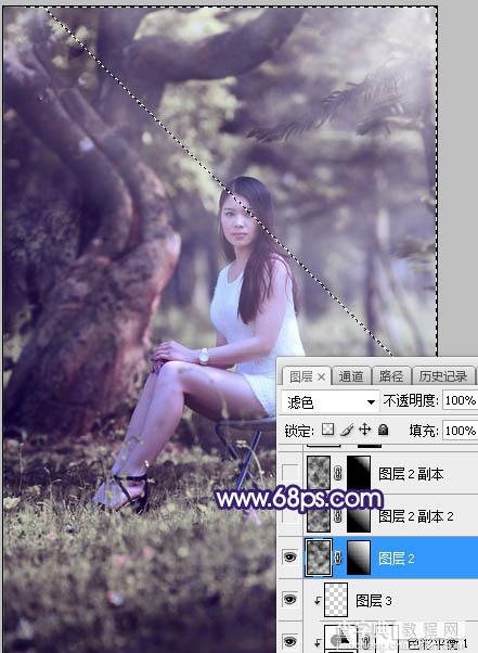 Photoshop调制出甜美清新的淡蓝色树林人物图片19
