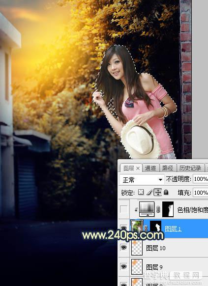 Photoshop调制出阳光晨曦效果路边大树旁美女图片23