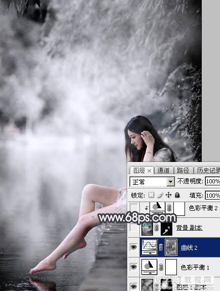 Photoshop使用图层样式打造唯美的古典淡蓝色树林人物图片15