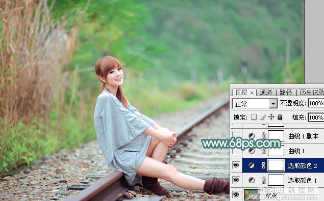 Photoshop将铁轨美女打造甜美的春季淡绿色特效11