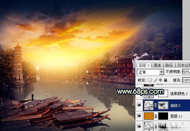 Photoshop调出唯美的霞光水边古镇效果43
