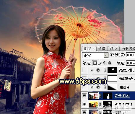 Photoshop调出古典霞光效果古镇美女图片26