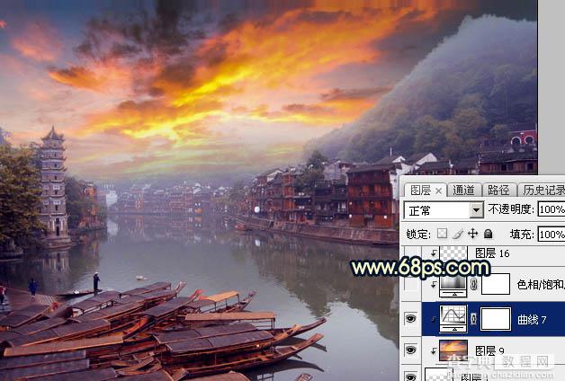 Photoshop调出唯美的霞光水边古镇效果23