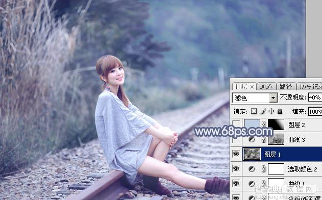 Photoshop为铁轨上的美女加上梦幻甜美的蓝色效果19