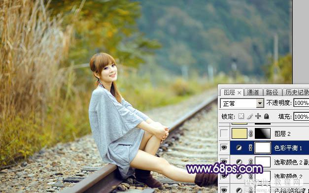Photoshop调制出淡黄色的秋季铁轨小清新美女图片18