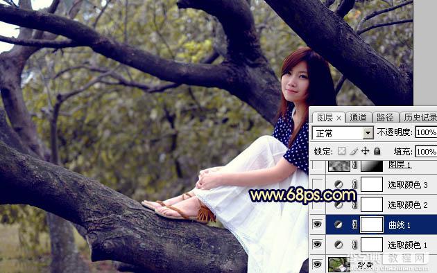 Photoshop调出秋季黄褐色树干上的美女图片7