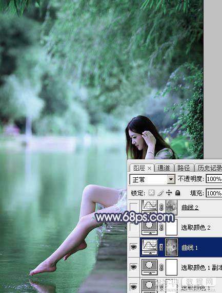 Photoshop调制出梦幻的淡调青蓝色池塘边的人物图片12