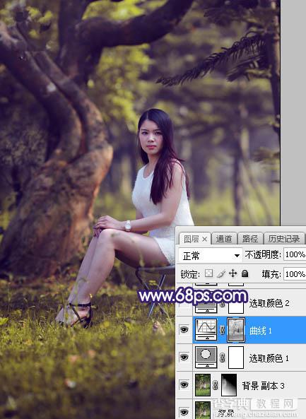 Photoshop调制出甜美清新的淡蓝色树林人物图片8