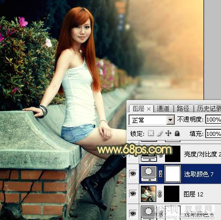 Photoshop为路边的美女加上暗调青黄色霞光色49