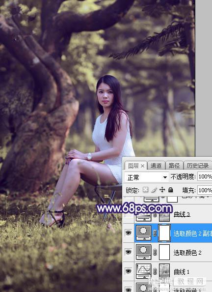 Photoshop调制出甜美清新的淡蓝色树林人物图片13