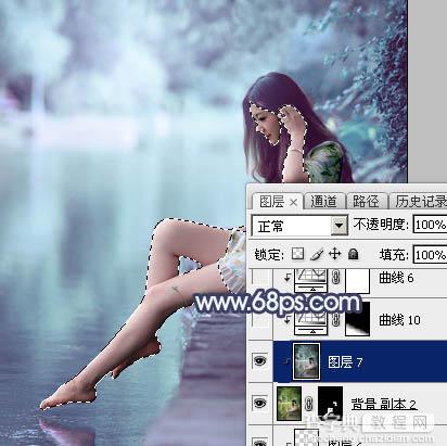Photoshop调制出梦幻的淡调青蓝色池塘边的人物图片33
