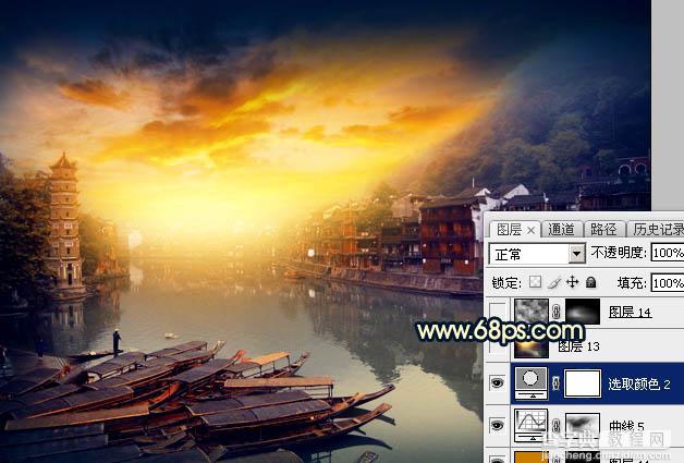 Photoshop调出唯美的霞光水边古镇效果48