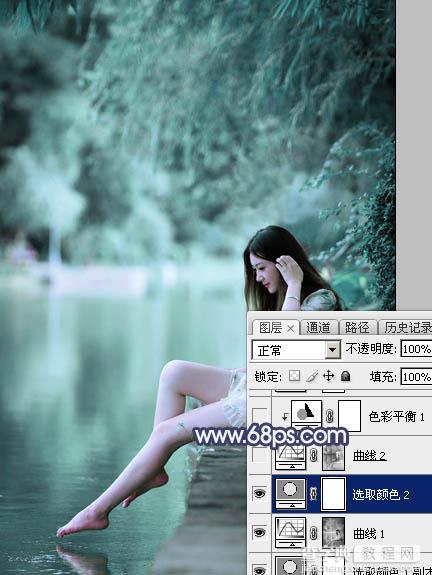 Photoshop调制出梦幻的淡调青蓝色池塘边的人物图片15