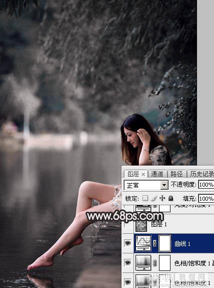 Photoshop调出暗调古典冷褐色水边的美女图片15