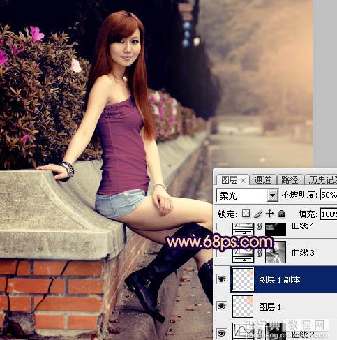 Photoshop为景区美女更换衣服颜色增加昏暗的高对比晨曦色34