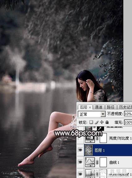 Photoshop调出暗调古典冷褐色水边的美女图片16