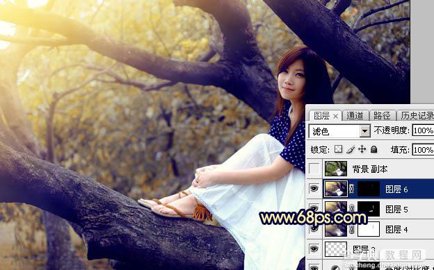 Photoshop调出秋季黄褐色树干上的美女图片35