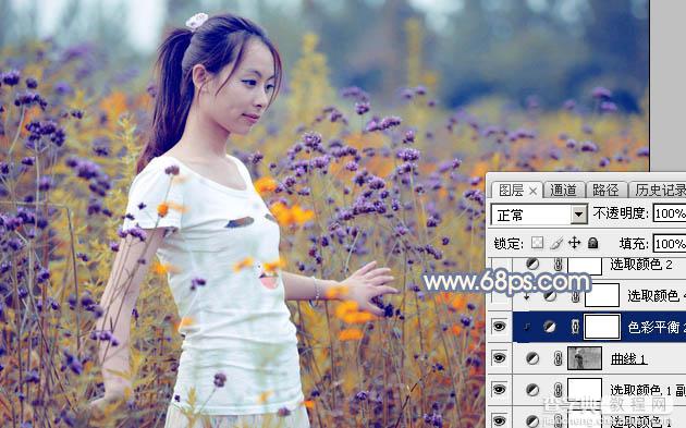 Photoshop为花丛中的美女加上秋季澄黄紫色12