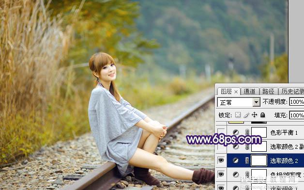 Photoshop调制出淡黄色的秋季铁轨小清新美女图片14