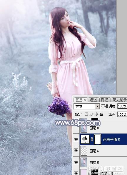 Photoshop快速打造淡蓝色梦幻树林美女图片33