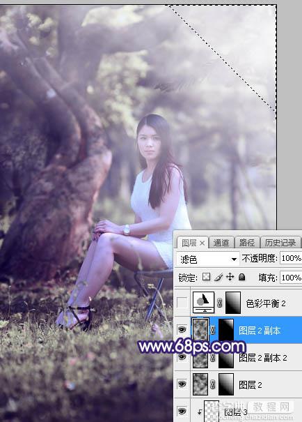 Photoshop调制出甜美清新的淡蓝色树林人物图片21