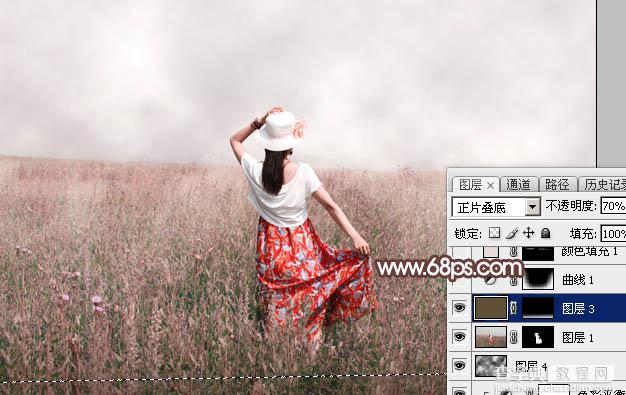 Photoshop调出为梦幻的粉色晨雾草原人物图片18