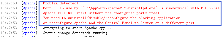 php集成环境xampp中apache无法启动问题解决方案2