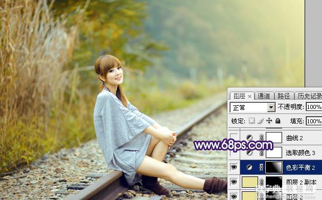 Photoshop调制出淡黄色的秋季铁轨小清新美女图片22