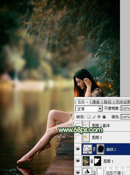 Photoshop将水塘边的美女增加暗调黄青色23