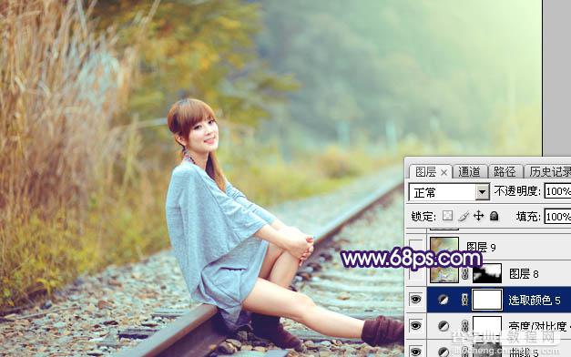 Photoshop调制出淡黄色的秋季铁轨小清新美女图片53
