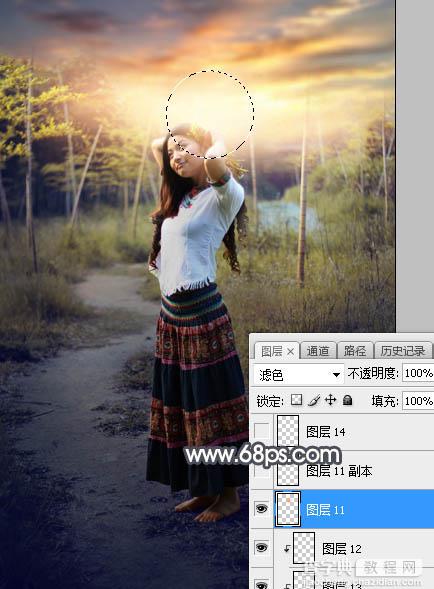 Photoshop调制出给漂亮的霞光色竹林人物图片29