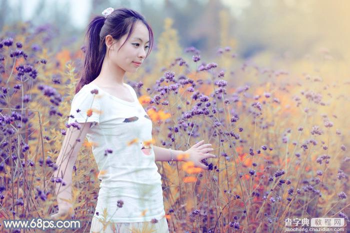 Photoshop为花丛中的美女加上秋季澄黄紫色2