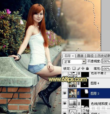 Photoshop为路边的美女加上暗调青黄色霞光色43