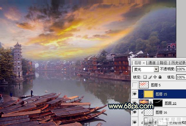 Photoshop调出唯美的霞光水边古镇效果29