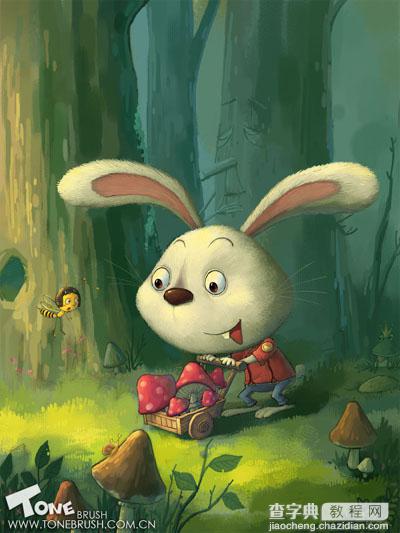 photoshop 鼠绘卡通在森林里采蘑菇的小兔子1