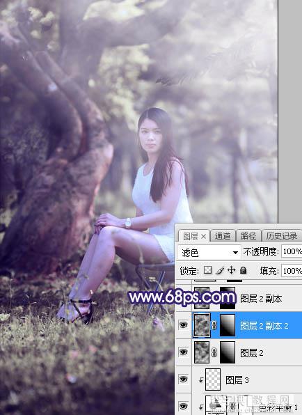 Photoshop调制出甜美清新的淡蓝色树林人物图片20