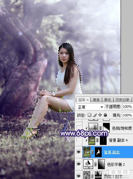 Photoshop调制出甜美清新的淡蓝色树林人物图片24